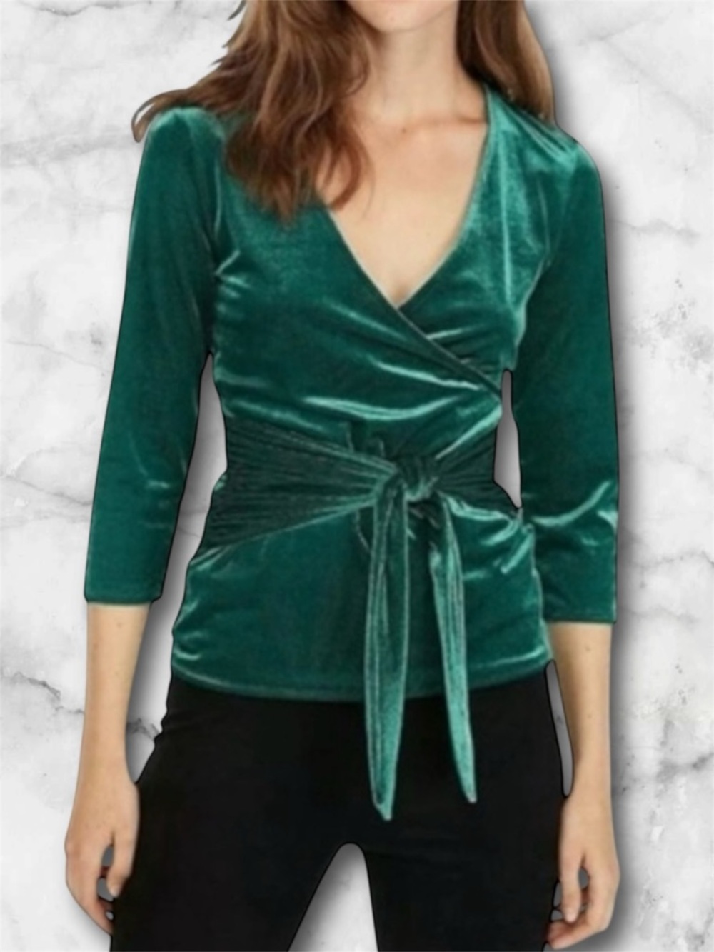 NWT Express Tie Front Wrap Top Deep Green Velour Velvet 3/4 Sleeves Holiday Sz S